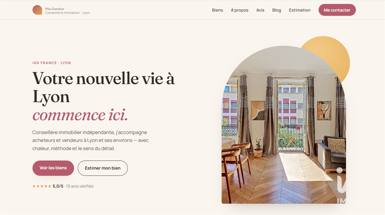 La page d'accueil du site d'une conseillère immobilier, design Riviera